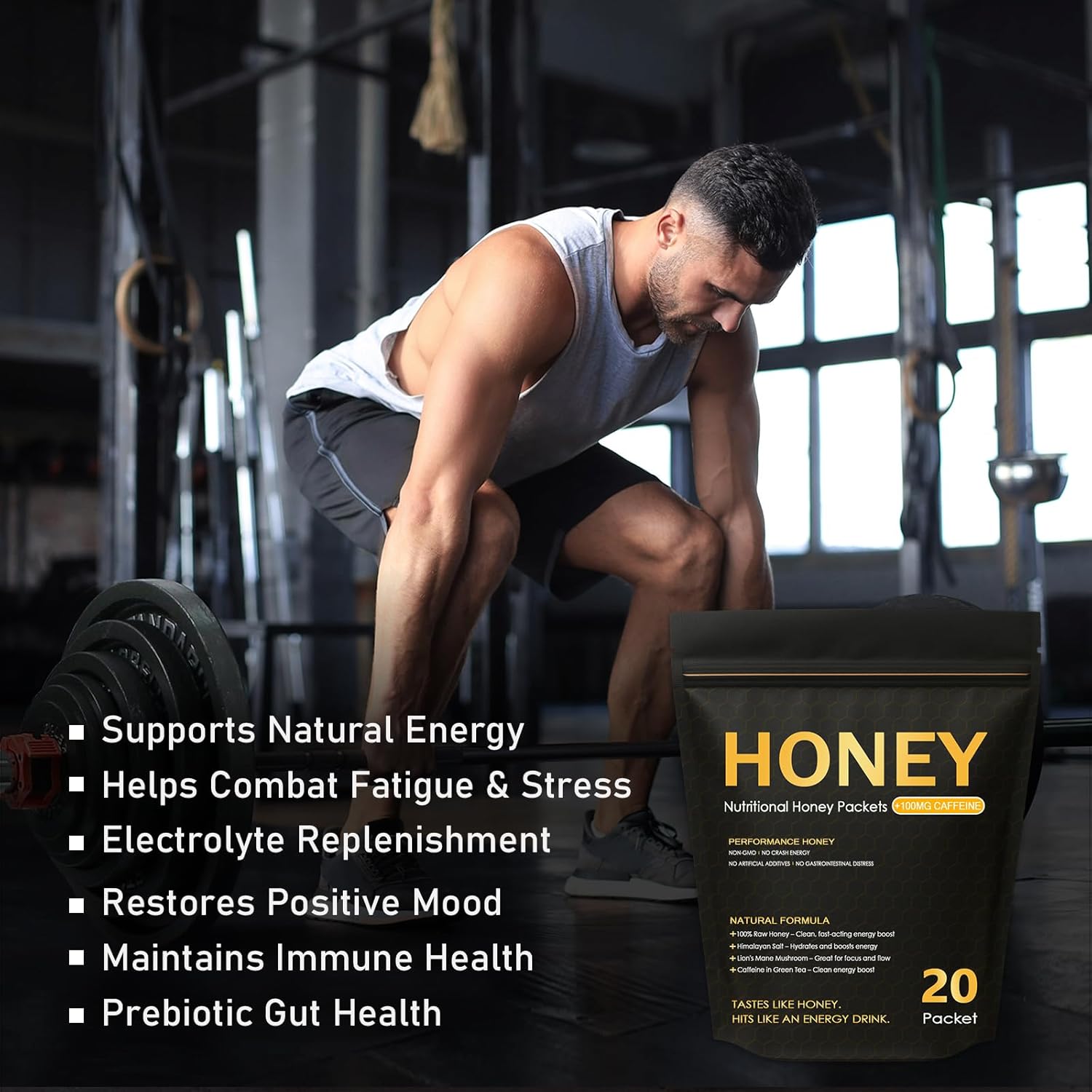 Nutrition Honey Packets - Nutritional Raw Honey, 100mg Caffeine, With Lions Mane Mushroom, Green Tea Caffeine, Himalayan Salt, Boost Energy & Keeps Focused, 100% Natural - Image 3