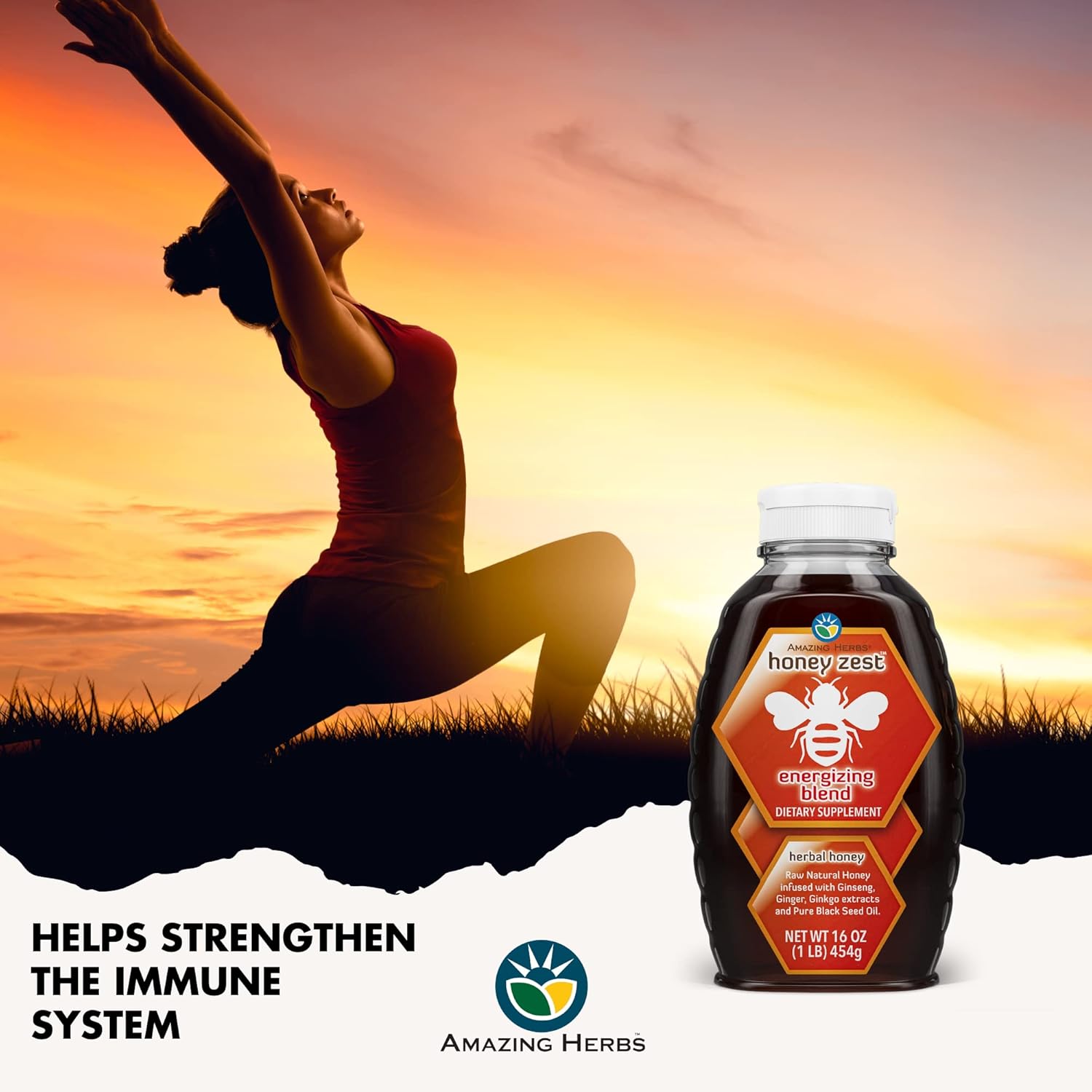 Amazing Herbs Raw Natural Honey - Herbal Honey Infused with Ginseng, Ginger, Ginkgo Extracts & Pure Black Seed Oil, Non GMO, Gluten Free Immune Booster - Honeyzest Energizing Blend, 16 Fl Oz - Image 4