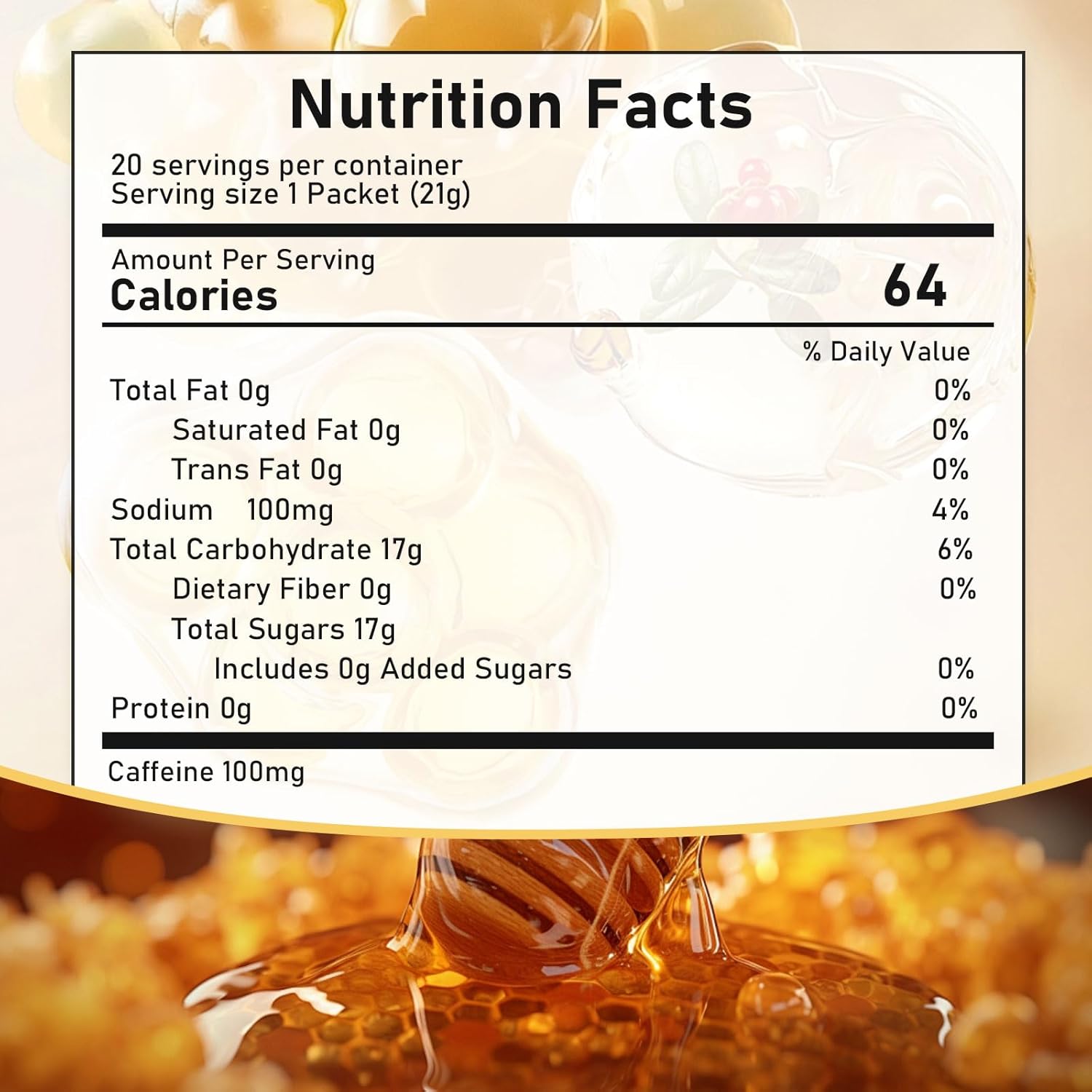 Nutrition Honey Packets - Nutritional Raw Honey, 100mg Caffeine, With Lions Mane Mushroom, Green Tea Caffeine, Himalayan Salt, Boost Energy & Keeps Focused, 100% Natural - Image 2
