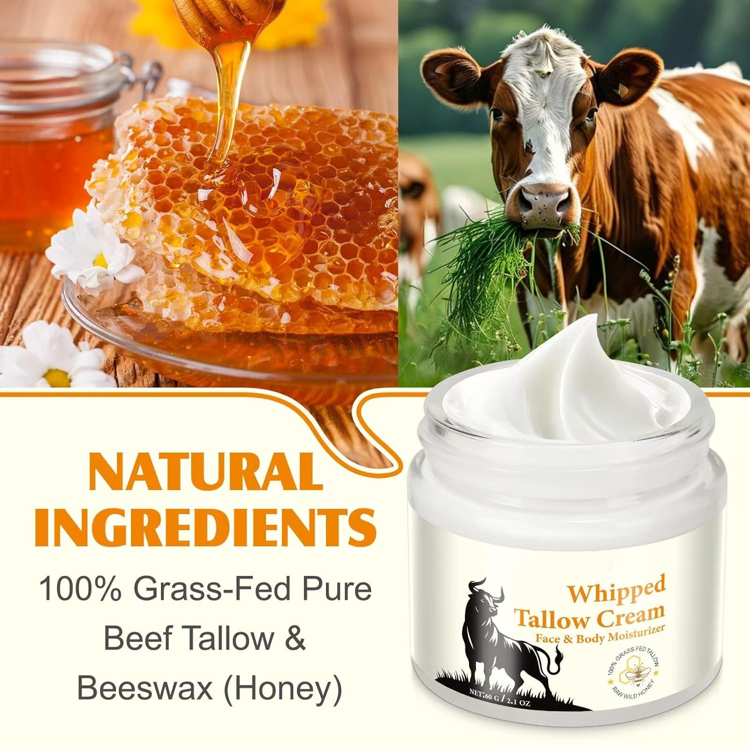 Beef Tallow for Skin, Beef Tallow Honey Balm, Organic Moisturizer for Face & Body Skin Care, Deeply Nourishes the Skins with Raw Wild Honey, Fast Absorption for Dry & Aging Skin - Image 2