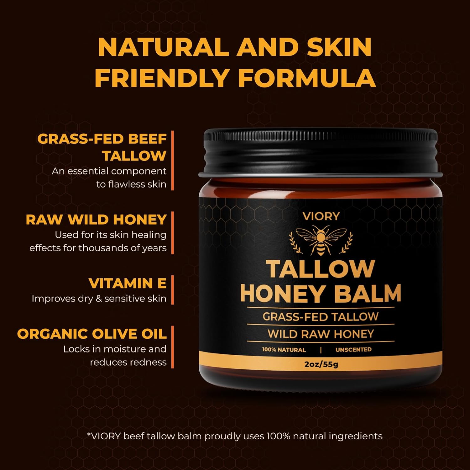 VIORY Tallow and Honey Balm for Face, Beef Tallow for Skin, Moisturizer with 100% Organic Grass-Fed Beef Tallow & Raw Wild Honey - Natural Formula for Dry & Sensitive Skin (Unscented) - Image 2