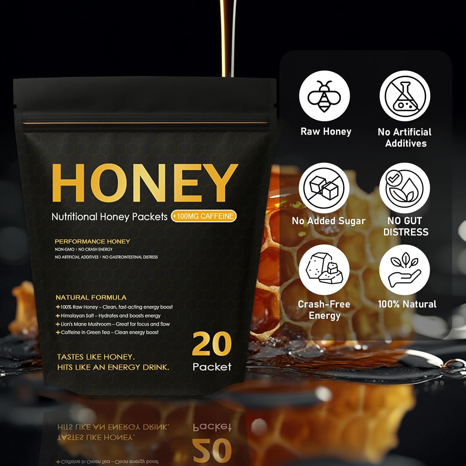 Nutrition Honey Packets - Nutritional Raw Honey, 100mg Caffeine, With Lions Mane Mushroom, Green Tea Caffeine, Himalayan Salt, Boost Energy & Keeps Focused, 100% Natural - Image 4