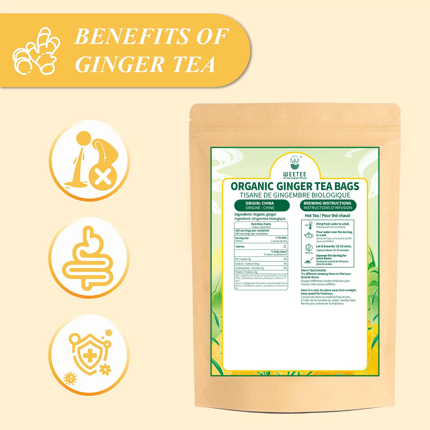 WT WEETEE Organic Ginger Tea Bags, 100% Pure Ginger Root Tea 100 Count, Caffeine Free, No Spices, No Flavors - Image 2