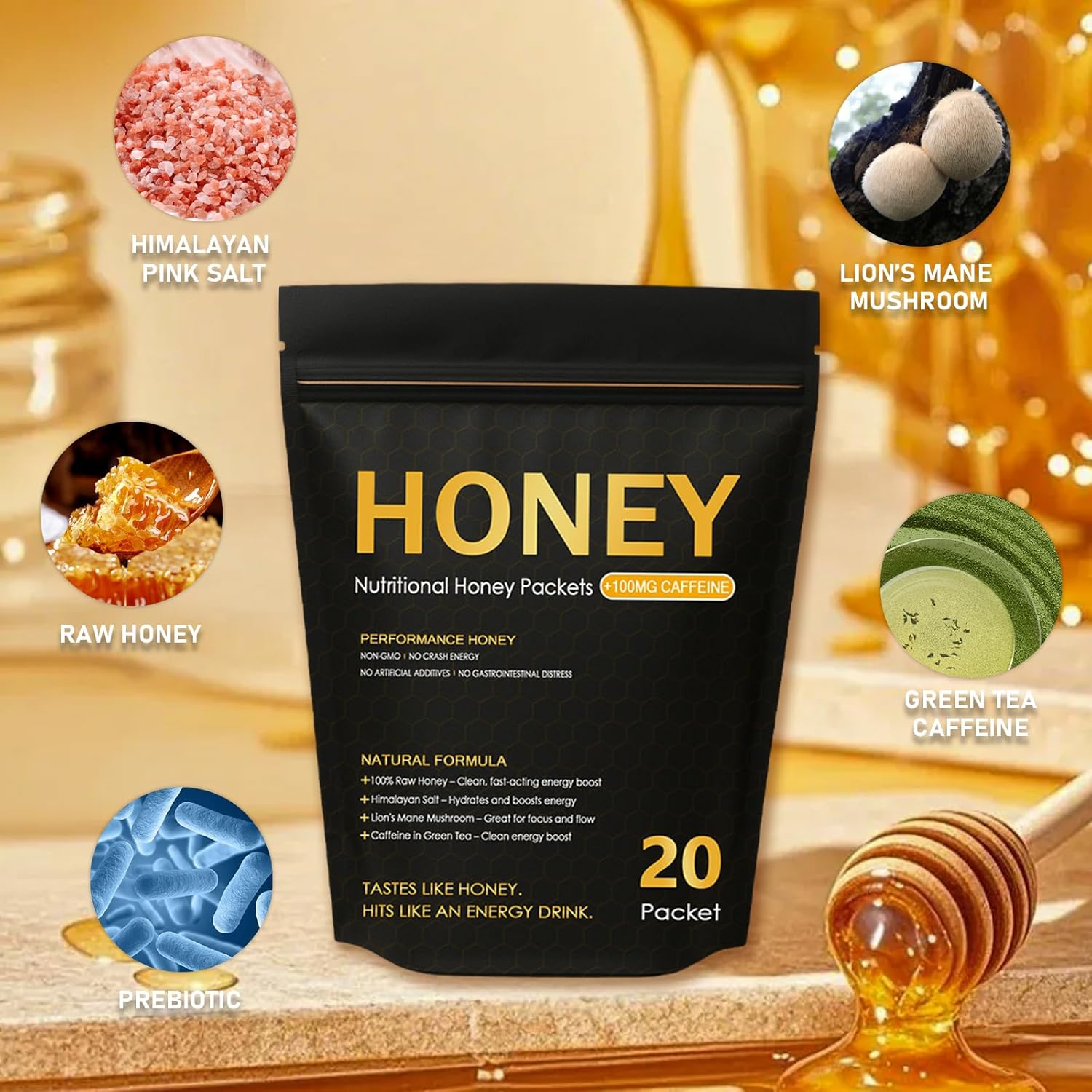Nutrition Honey Packets - Nutritional Raw Honey, 100mg Caffeine, With Lions Mane Mushroom, Green Tea Caffeine, Himalayan Salt, Boost Energy & Keeps Focused, 100% Natural - Image 5