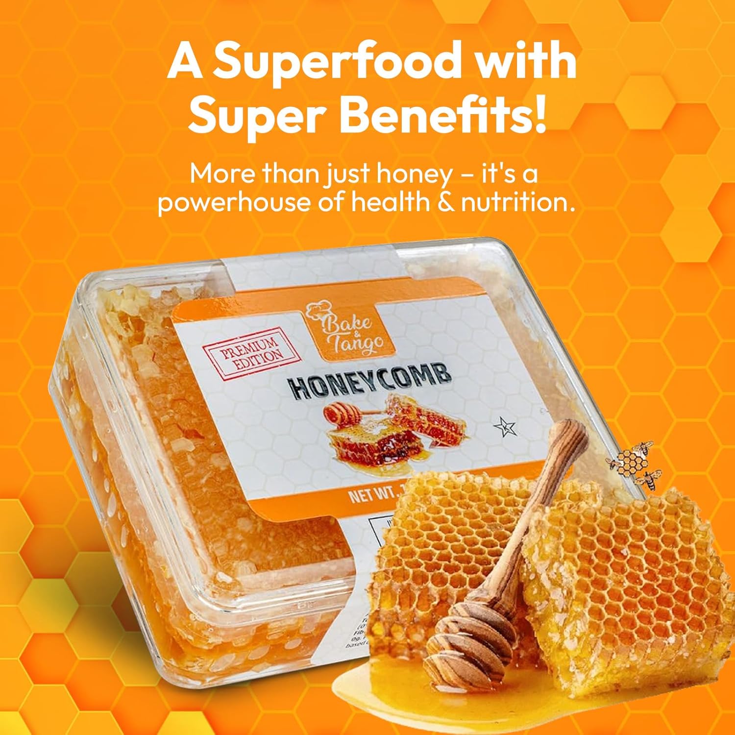 Bake and Tango All Natural Raw Honeycomb - 100% Pure Honey Comb, Perfect for Healthy Smoothies, Spreading, Tea, Snacks, and Desserts - Edible Honeycomb, Pack of 1 (14.0oz) - Image 5