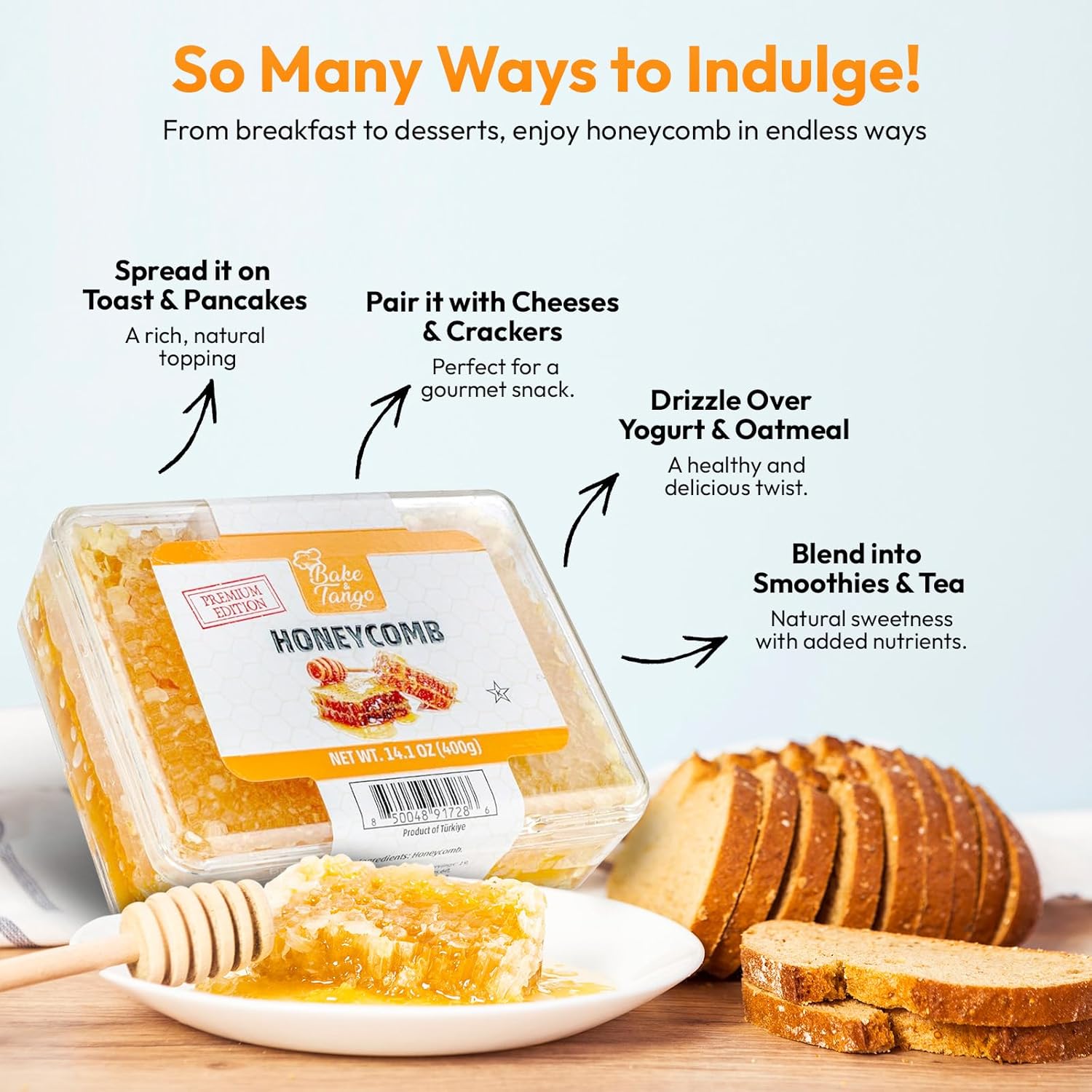 Bake and Tango All Natural Raw Honeycomb - 100% Pure Honey Comb, Perfect for Healthy Smoothies, Spreading, Tea, Snacks, and Desserts - Edible Honeycomb, Pack of 1 (14.0oz) - Image 3