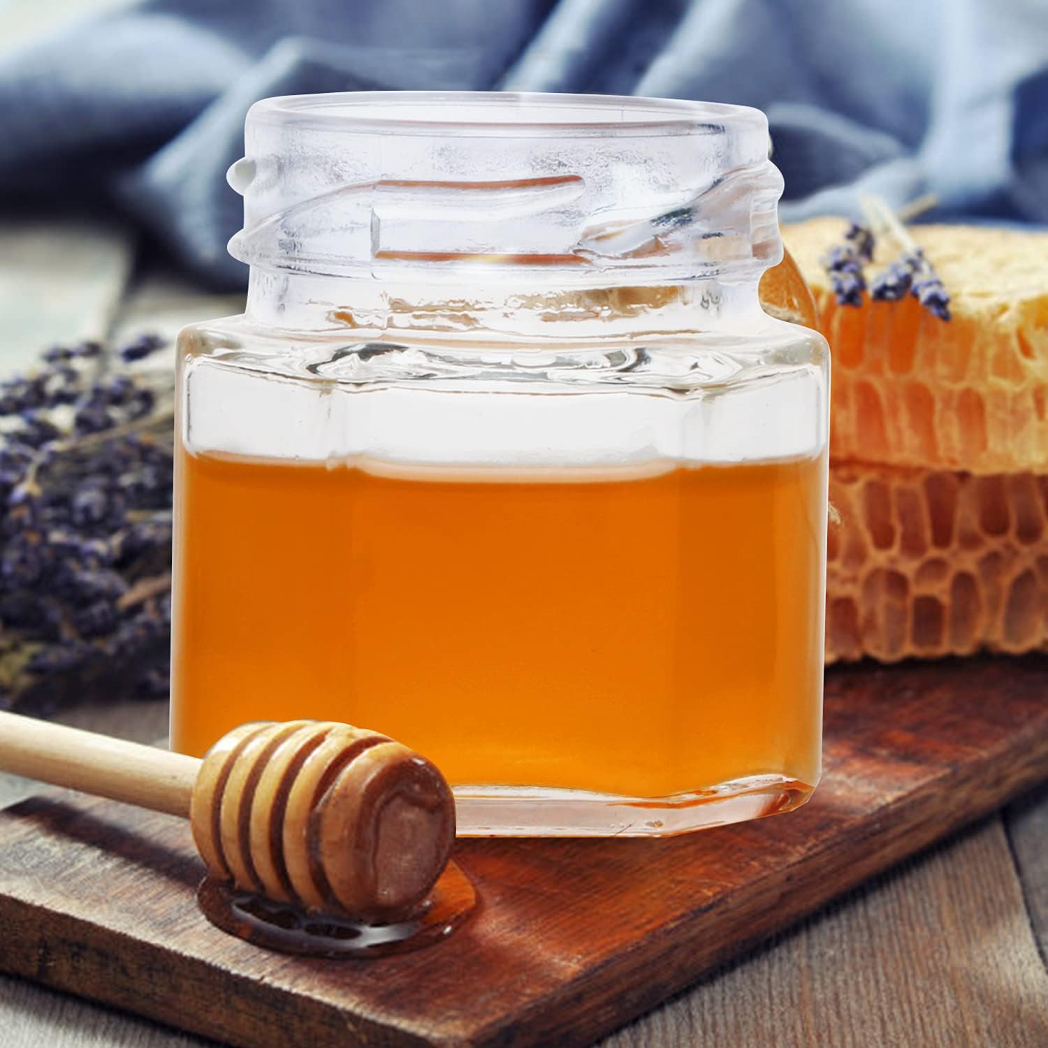 30 Pack 1.5 oz Mini Honey Jars,Hexagon Mini Glass Honey Jars with Gold Lids,Small honey Jar with dipper for Party Favors, Wedding Favors,Jams - Image 5