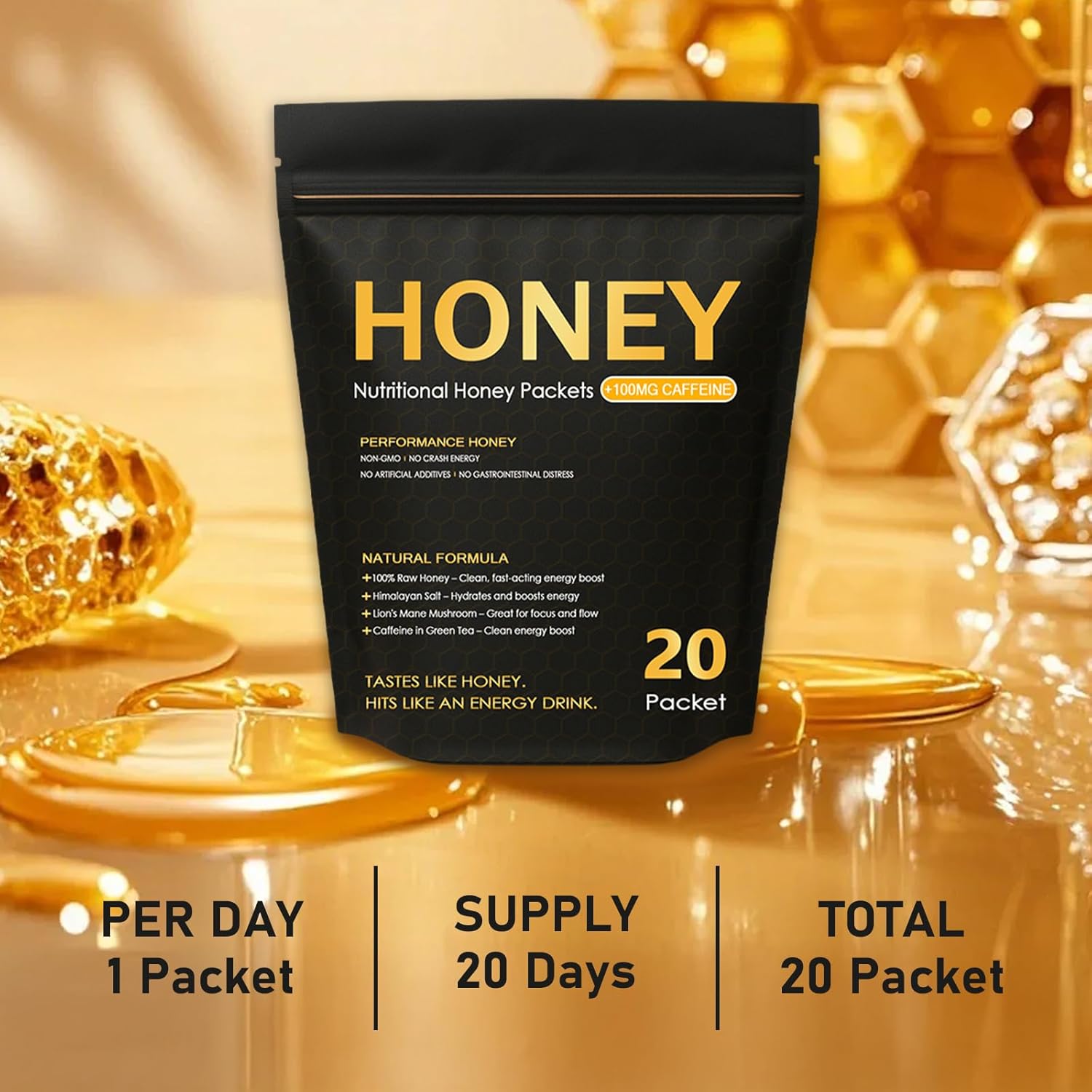 Nutrition Honey Packets - Nutritional Raw Honey, 100mg Caffeine, With Lions Mane Mushroom, Green Tea Caffeine, Himalayan Salt, Boost Energy & Keeps Focused, 100% Natural - Image 7