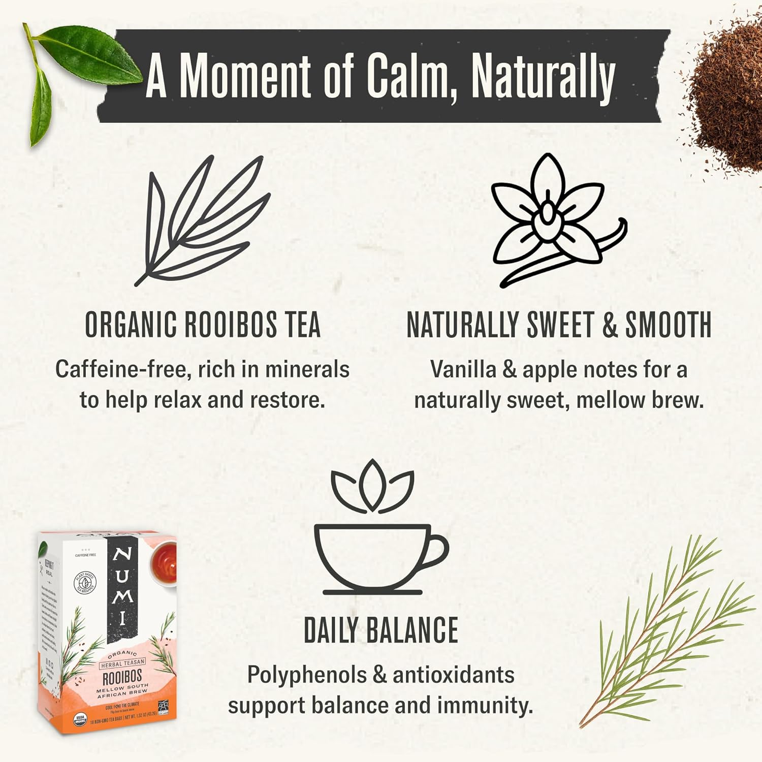 Numi Organic Rooibos Tea, 54 Microplastic Free Bags, Caffeine Free South African Red Tea - Image 4