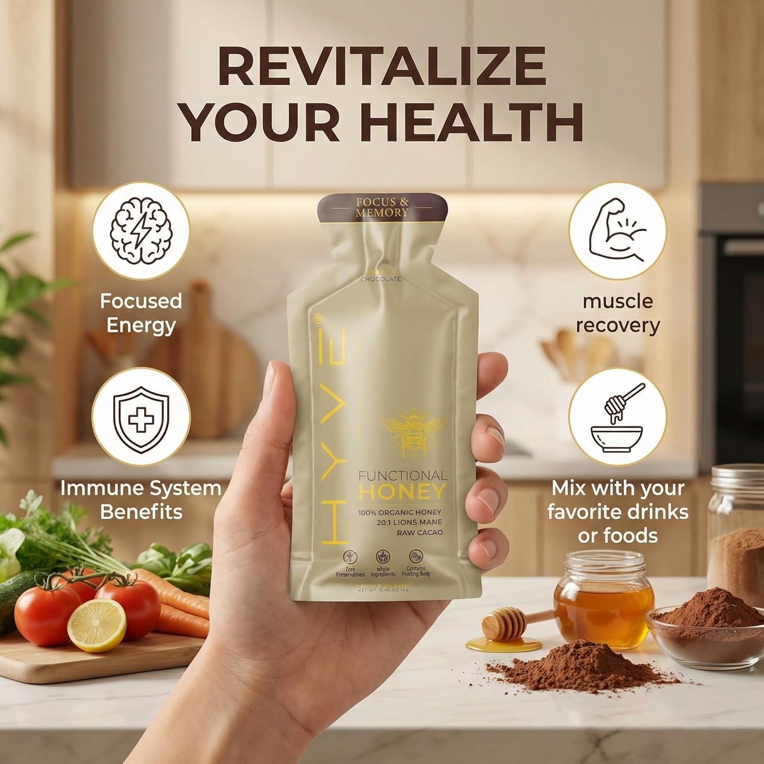 HYVE Mind Functional Honey – Focus & Memory Organic Honey with Lion's Mane Mushrooms, Raw Cacao, Bee Pollen & L-Theanine – Cognitive Support, 15 Packets - Image 6