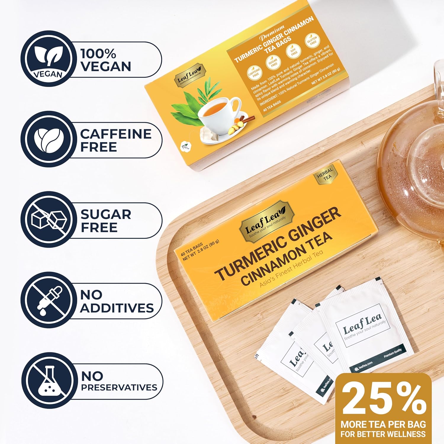 LeafLea 40 Turmeric Ginger Cinnamon Tea Bags, 100% Natural Ingredients Herbal Tea, Turmeric Ginger Herbal Blend for Wellness, Vegan, No Sugar, Caffeine-Free, Individually Wrapped for Freshness - Image 6