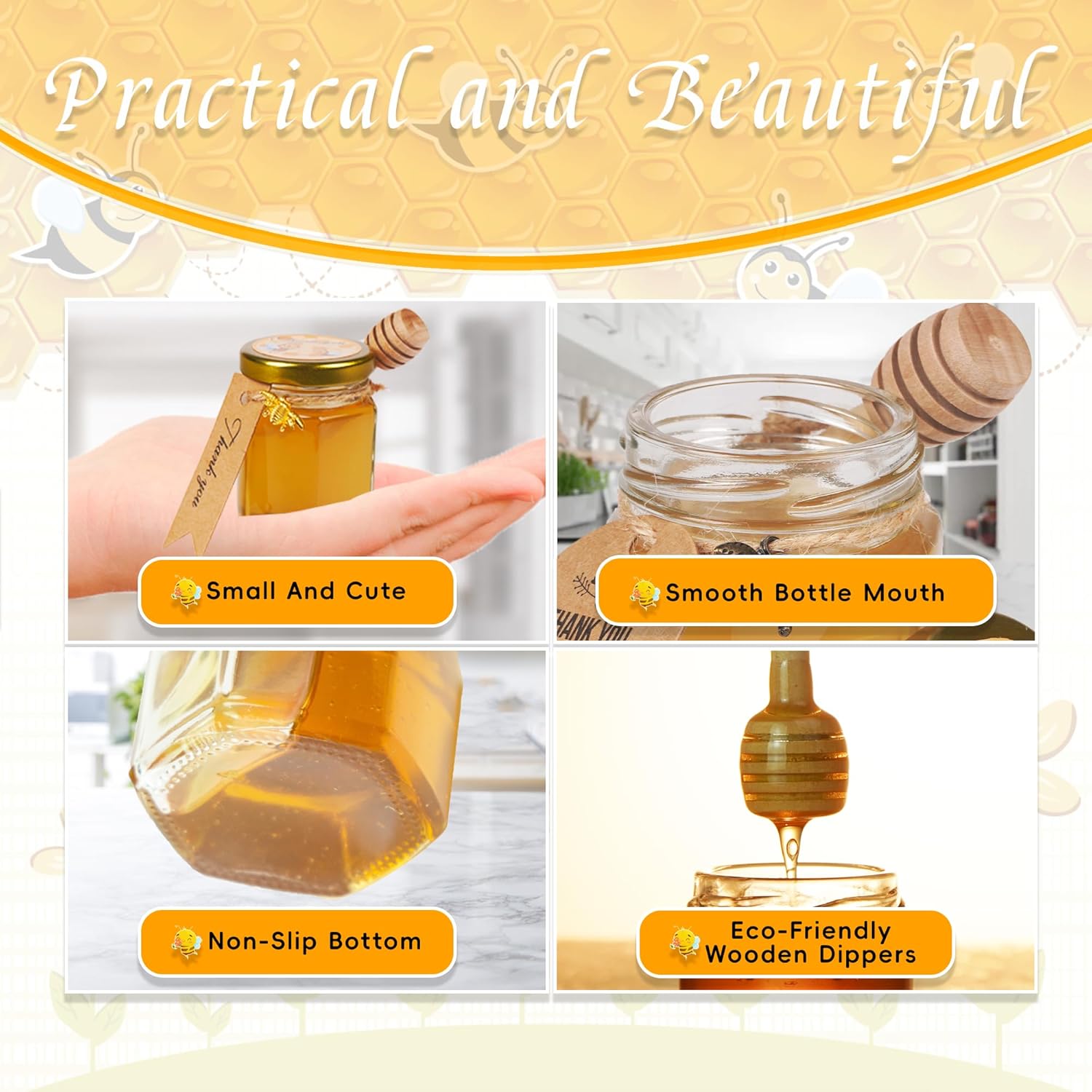 3OZ Mini Glass Hexagon Honey jars 30Packs - Gold Lid, Small Wooden honey dipper, Bee Charms, Thank You Gift Tags, Stickers, Jute - Baby Shower Thank You Party Wedding Favors Gifts (Circular Tag) - Image 4