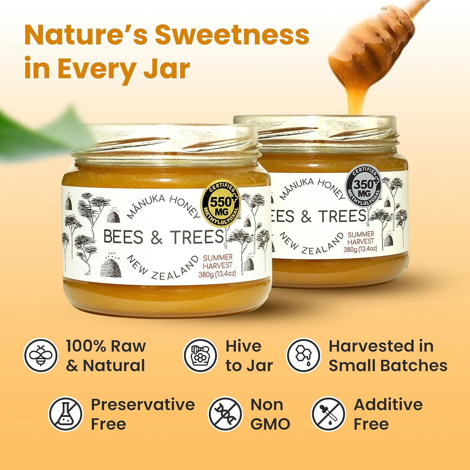 Bees & Trees New Zealand Manuka Honey 830+ & 350+ MGO – Pure, Raw, Unpasteurized Monofloral Superfood Honey for Wellness & Vitality – Bioactive, Nutrient-Rich Manuka Honey – 300g & 380g (2 pack) - Image 4