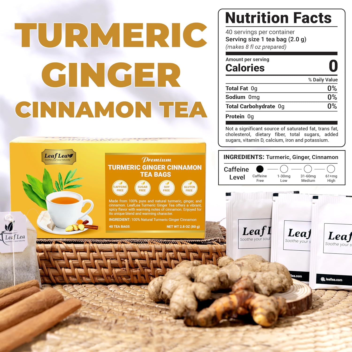 LeafLea 40 Turmeric Ginger Cinnamon Tea Bags, 100% Natural Ingredients Herbal Tea, Turmeric Ginger Herbal Blend for Wellness, Vegan, No Sugar, Caffeine-Free, Individually Wrapped for Freshness - Image 2