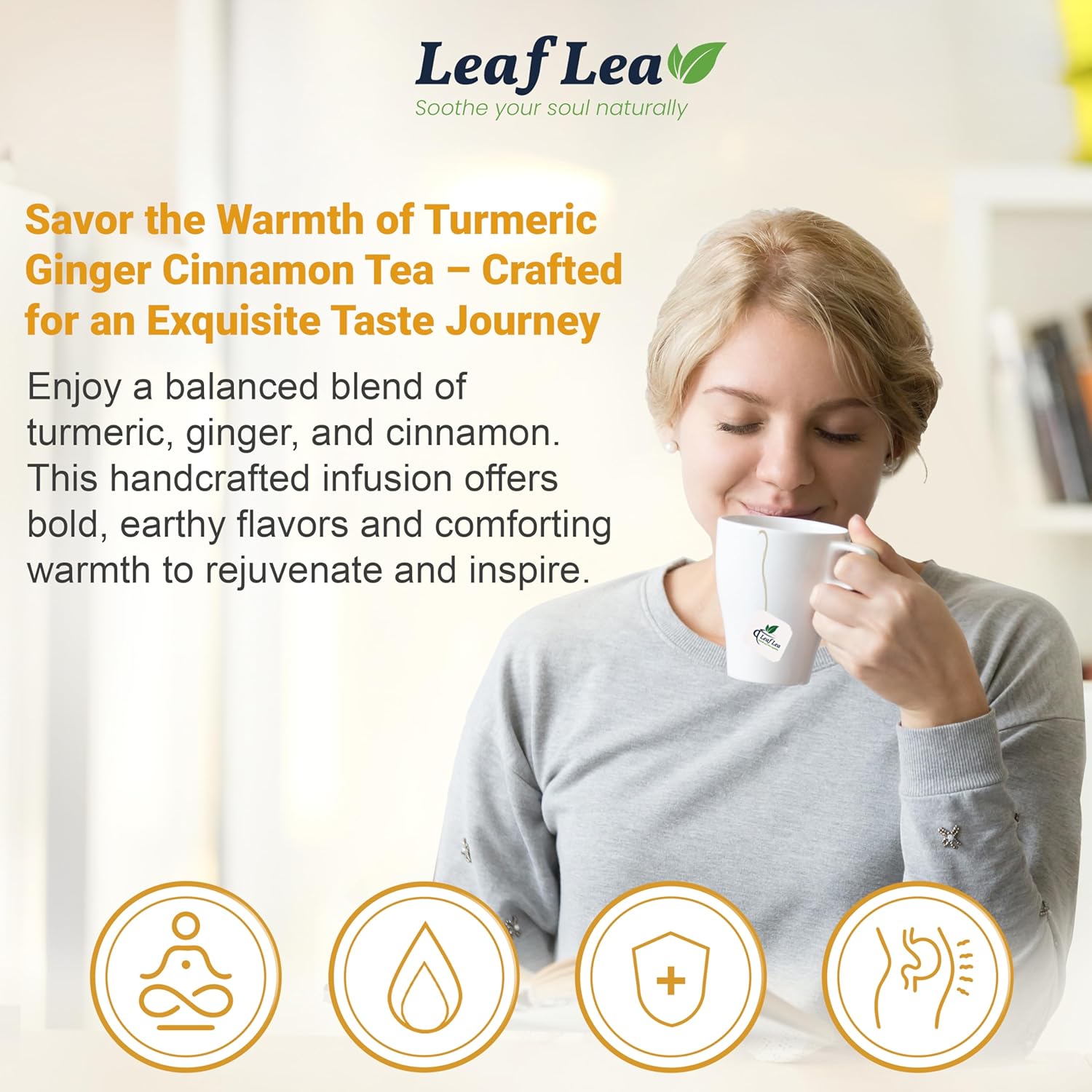 LeafLea 40 Turmeric Ginger Cinnamon Tea Bags, 100% Natural Ingredients Herbal Tea, Turmeric Ginger Herbal Blend for Wellness, Vegan, No Sugar, Caffeine-Free, Individually Wrapped for Freshness - Image 4