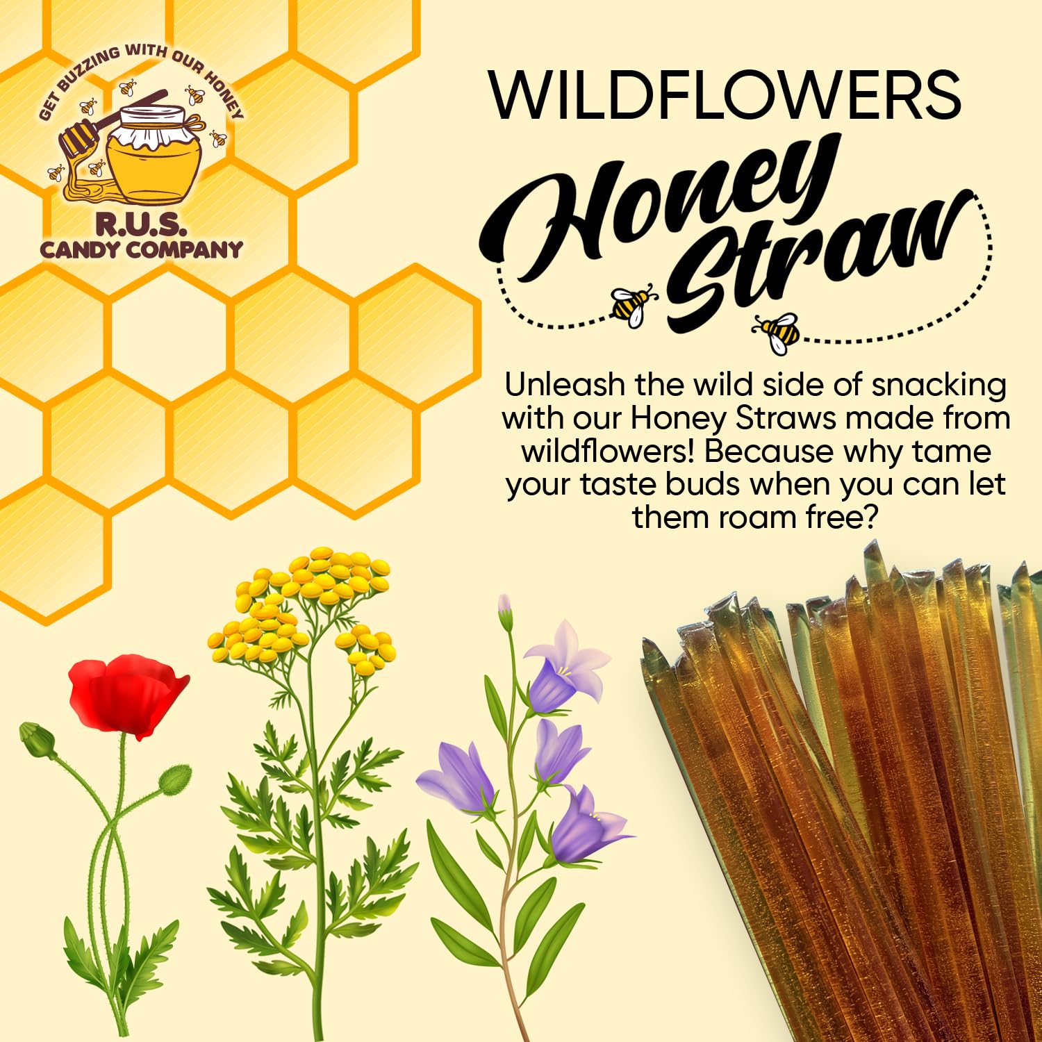 25 Pack Honey Sticks For Tea, Snacking, Single Serve Stir Sticks, Natural Flavor by R.U.S Candy Company- Honey Straws (Wildflower) - Image 3