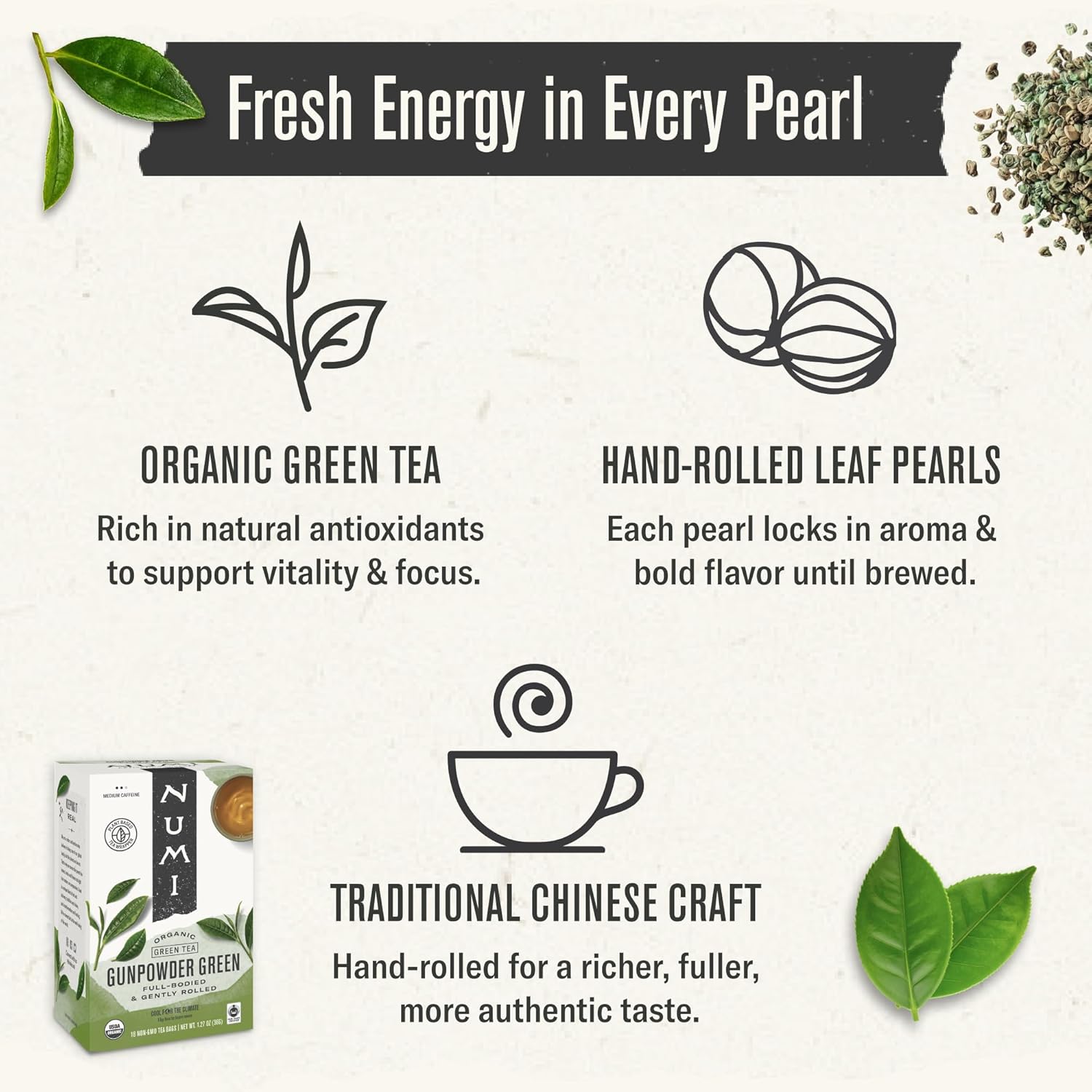 Numi Organic Gunpowder Green Tea, 100 Green Tea Bags, Full-Bodied & Gently Rolled - Image 3