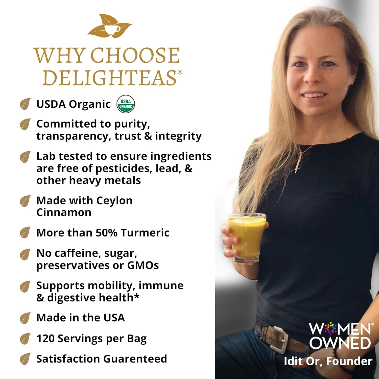 DelighTeas Organic Golden Milk Powder with Turmeric, Ginger, Ceylon Cinnamon | Ayurvedic Spices for Golden Turmeric Latte | Unsweetened, Vegan, Non-GMO, Keto | 120 Servings, 5 oz. - Image 3