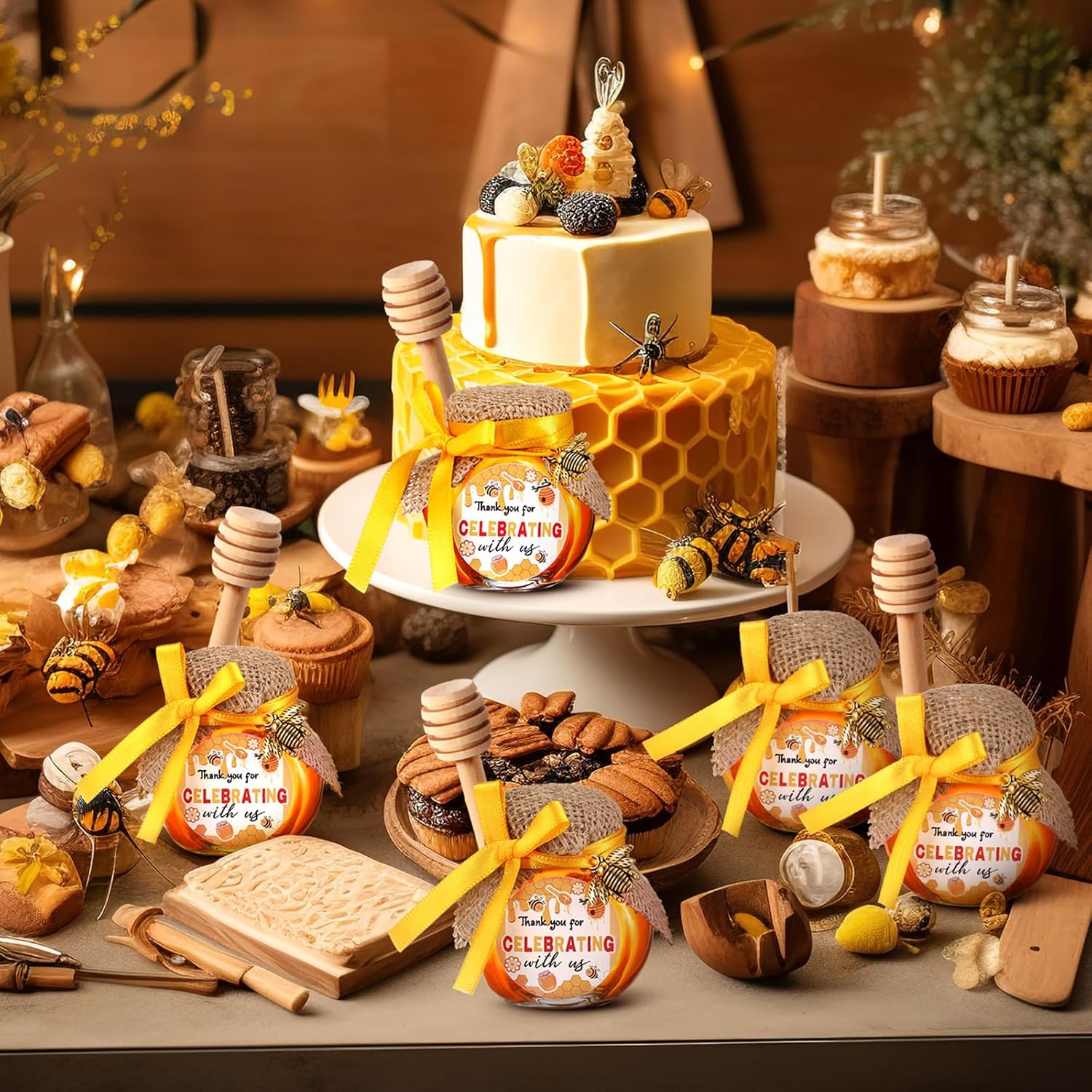 30 Sets Mini Glass Honey Jars 1.5 oz Honey Jars Party Favors in Bulk with Dipper and Gold Lid, Bee Charm, Stickers and Silk Ribbon for Bee Themed Guests Wedding Baby Shower Favors - Image 5