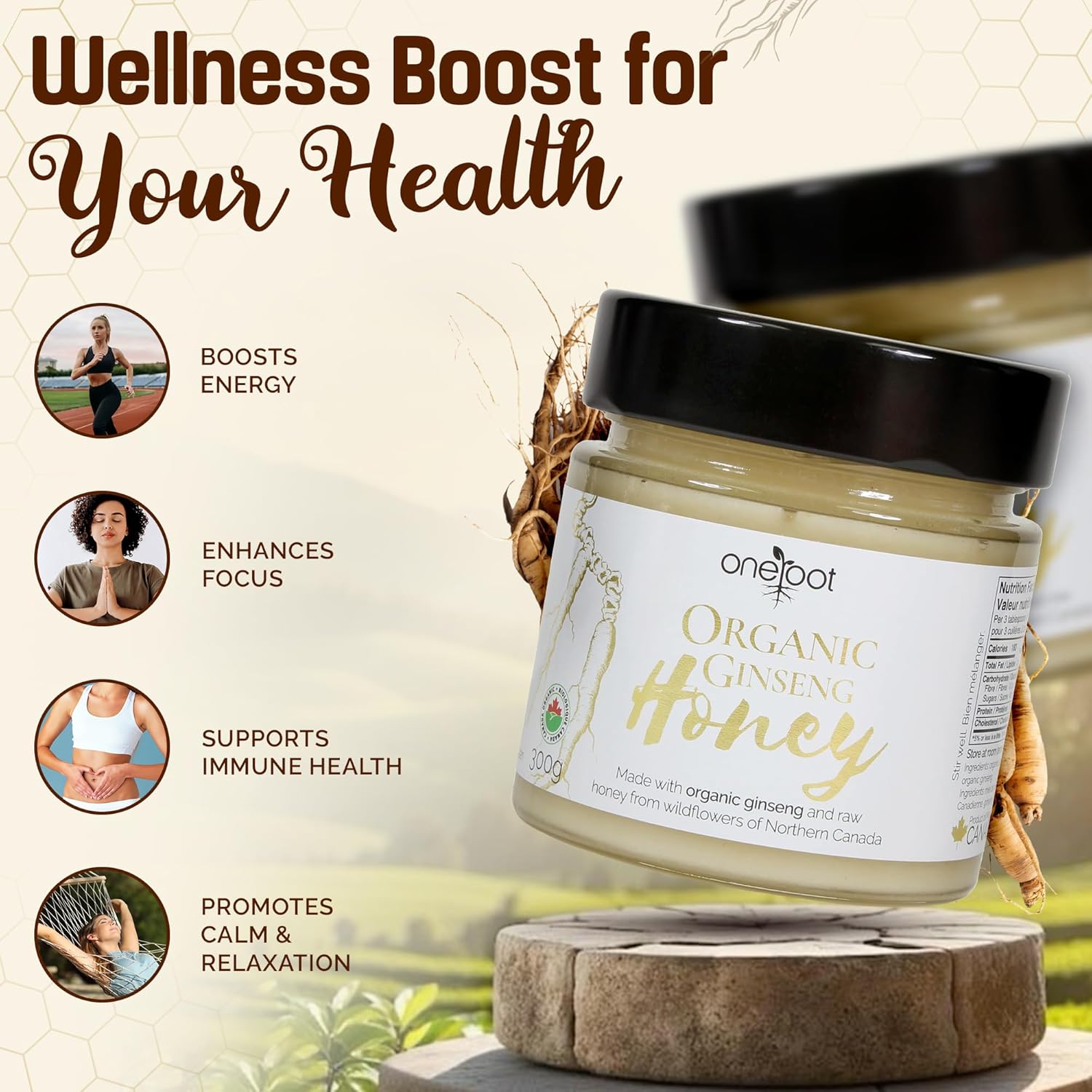 OneRoot Organic Ginseng Infused Honey – 300g / 10.6oz – Pure & Unheated – With Organic Canadian Ginseng Root – Raw Unfiltered Honey - Image 3