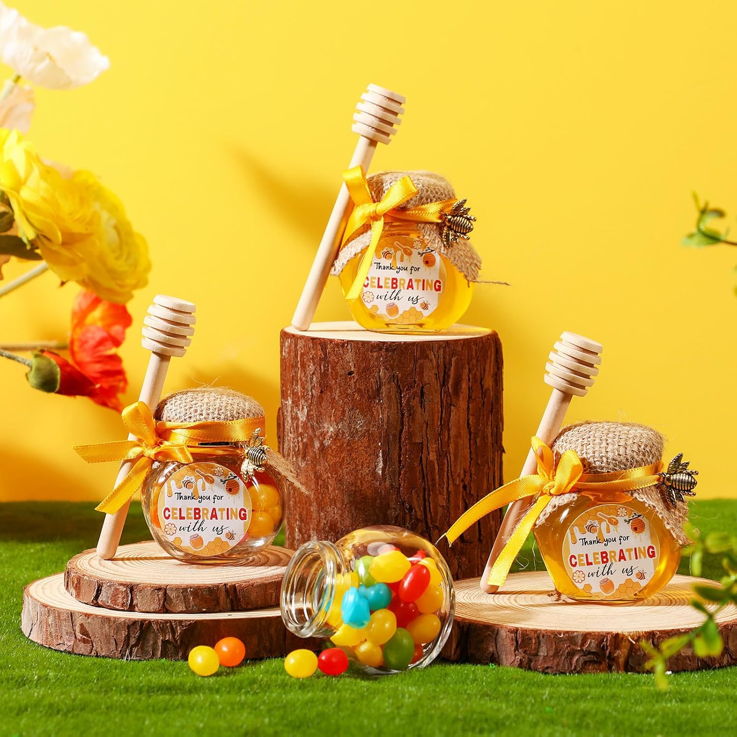 30 Sets Mini Glass Honey Jars 1.5 oz Honey Jars Party Favors in Bulk with Dipper and Gold Lid, Bee Charm, Stickers and Silk Ribbon for Bee Themed Guests Wedding Baby Shower Favors - Image 3