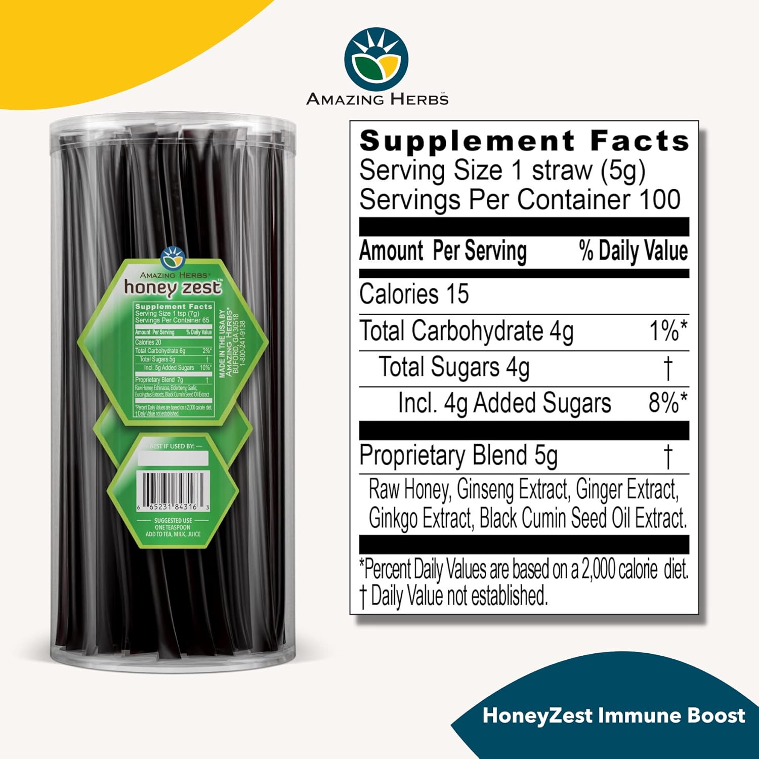 Amazing Herbs Raw Natural Honey - Herbal Honey Infused with Echinacea, Elderberry, Garlic, Eucalyptus Extracts & Pure Black Seed Oil, Non GMO, Gluten Free - Honeyzest Immune Boost Straws, 100 Count - Image 2