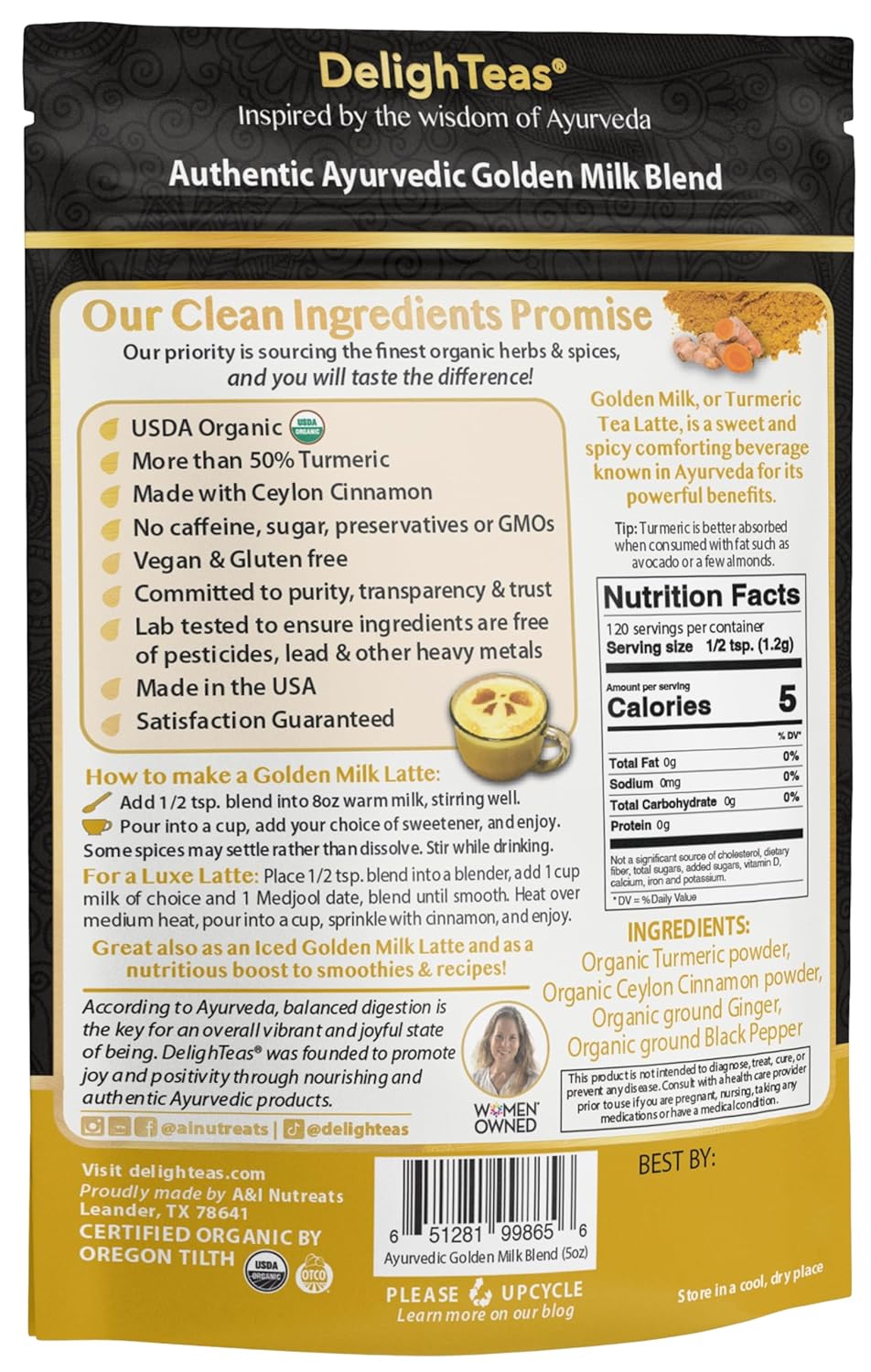 DelighTeas Organic Golden Milk Powder with Turmeric, Ginger, Ceylon Cinnamon | Ayurvedic Spices for Golden Turmeric Latte | Unsweetened, Vegan, Non-GMO, Keto | 120 Servings, 5 oz. - Image 2