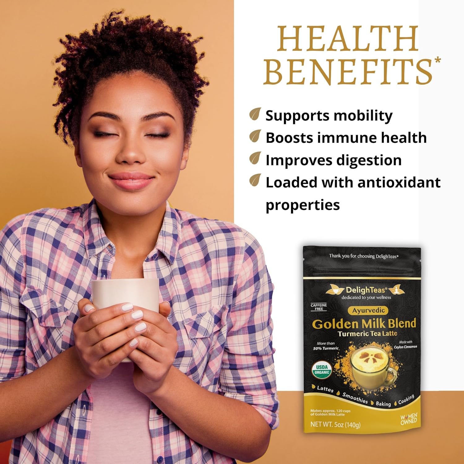 DelighTeas Organic Golden Milk Powder with Turmeric, Ginger, Ceylon Cinnamon | Ayurvedic Spices for Golden Turmeric Latte | Unsweetened, Vegan, Non-GMO, Keto | 120 Servings, 5 oz. - Image 4