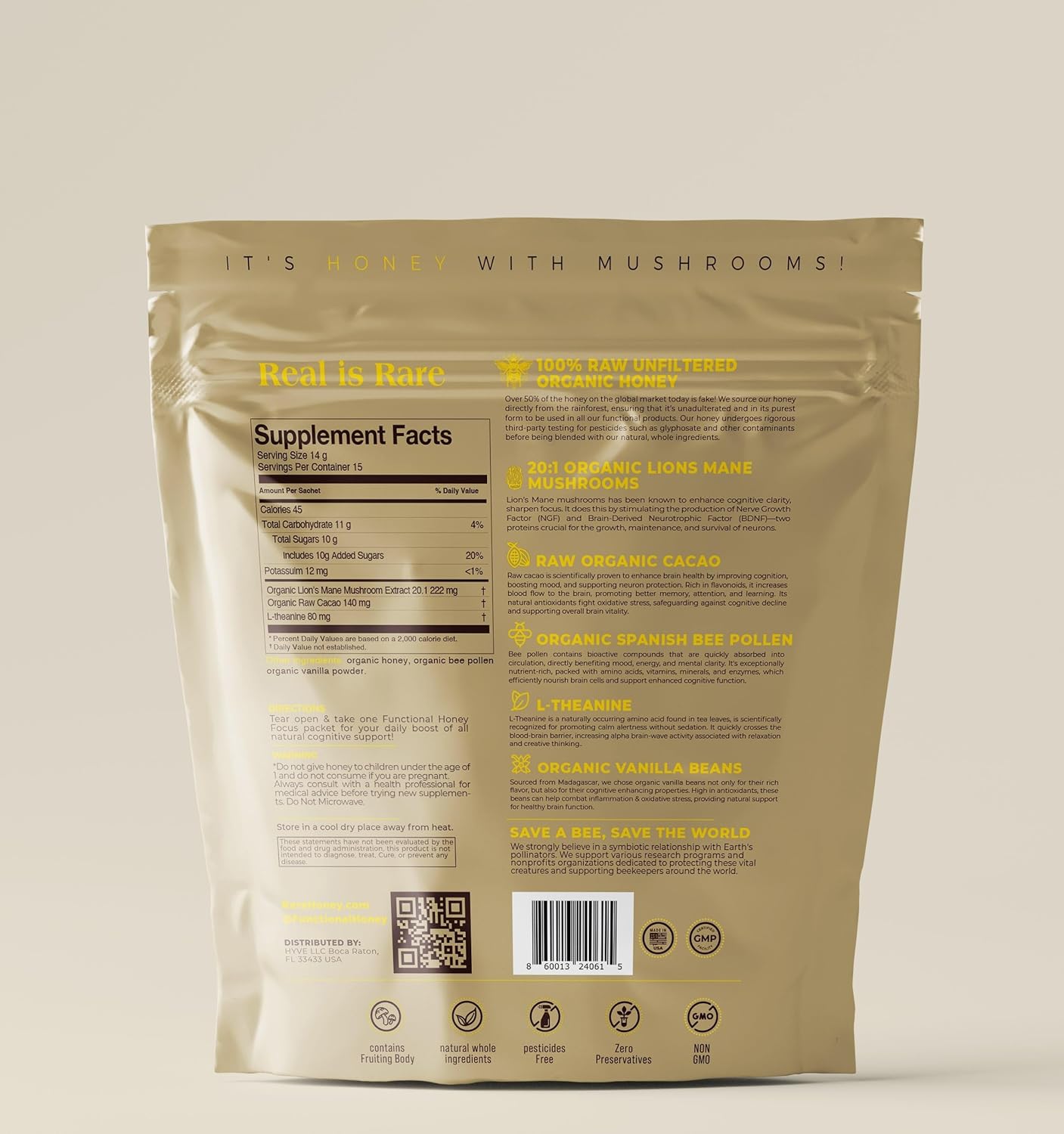 HYVE Mind Functional Honey – Focus & Memory Organic Honey with Lion's Mane Mushrooms, Raw Cacao, Bee Pollen & L-Theanine – Cognitive Support, 15 Packets - Image 3