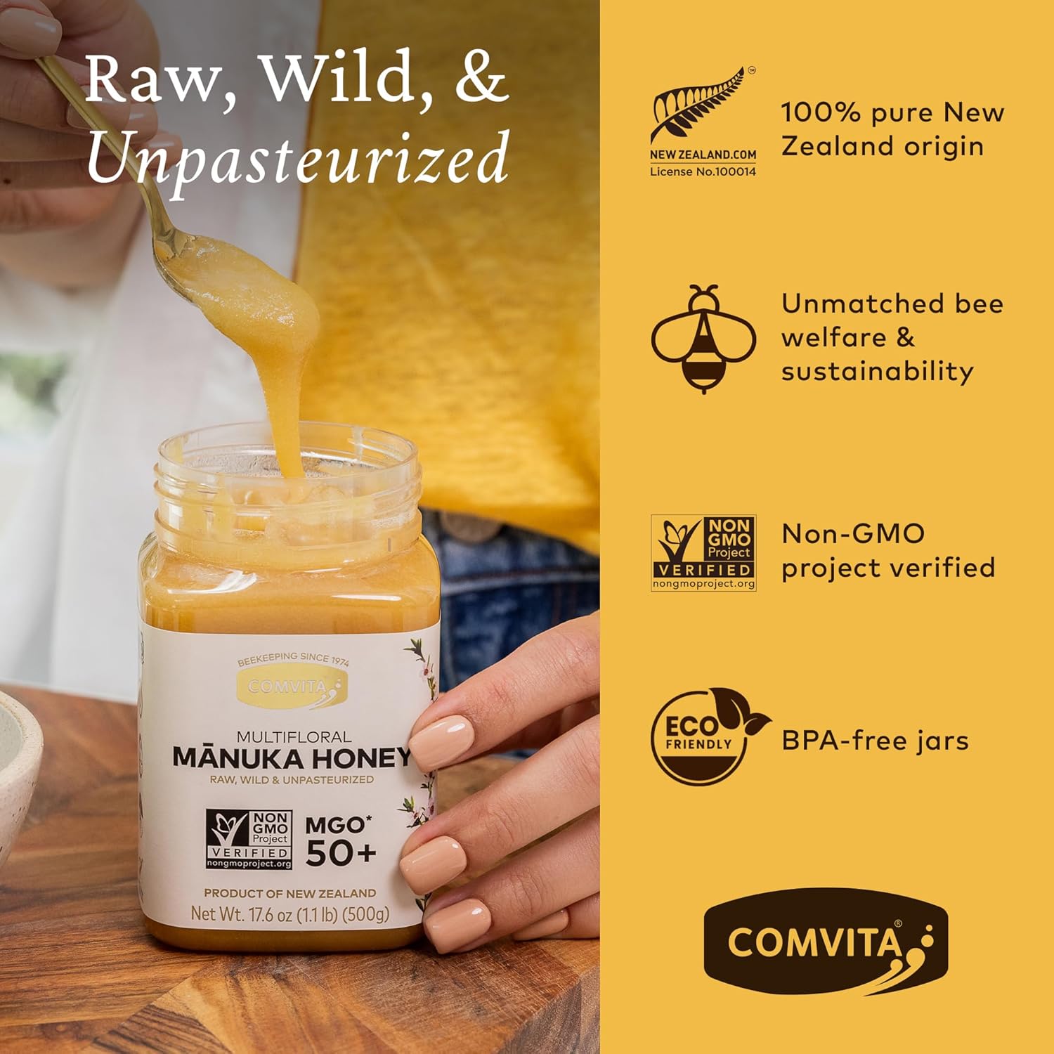 Comvita Manuka Honey MGO 50+ Multifloral - Raw Manuka Honey New Zealand, Pure & Unpasteurized for Tea & Wellness, Superfood Sugar Alternative, Wild, Non-GMO - 500g (17.6 oz) - Image 2