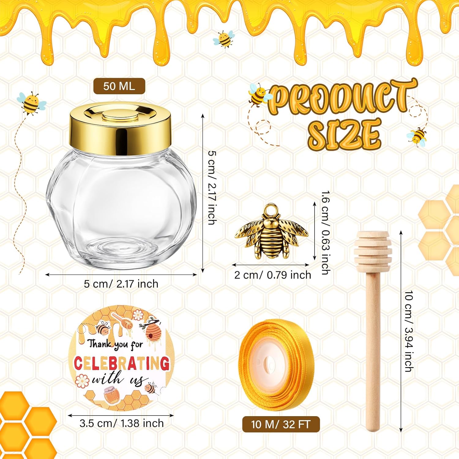 30 Sets Mini Glass Honey Jars 1.5 oz Honey Jars Party Favors in Bulk with Dipper and Gold Lid, Bee Charm, Stickers and Silk Ribbon for Bee Themed Guests Wedding Baby Shower Favors - Image 4