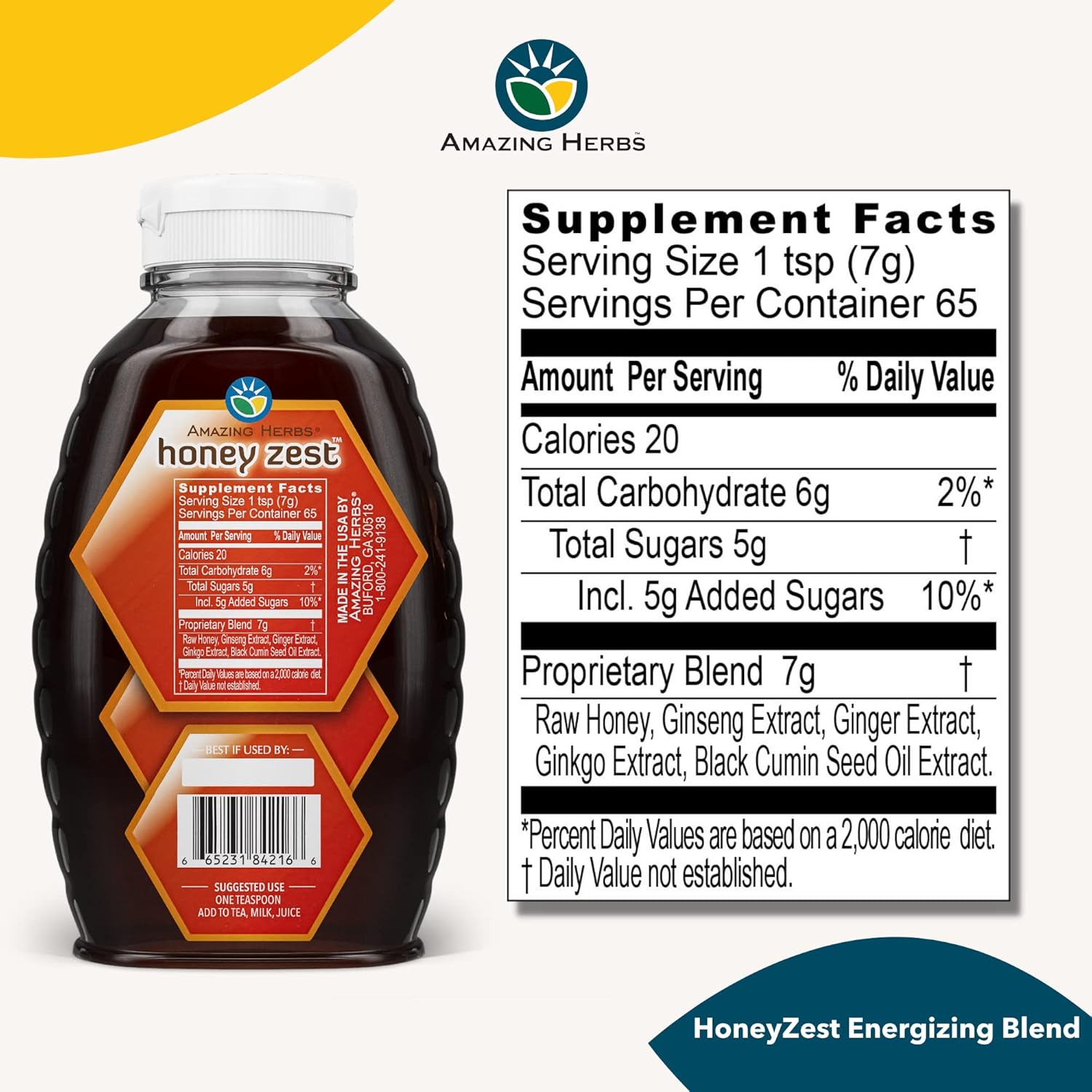 Amazing Herbs Raw Natural Honey - Herbal Honey Infused with Ginseng, Ginger, Ginkgo Extracts & Pure Black Seed Oil, Non GMO, Gluten Free Immune Booster - Honeyzest Energizing Blend, 16 Fl Oz - Image 2