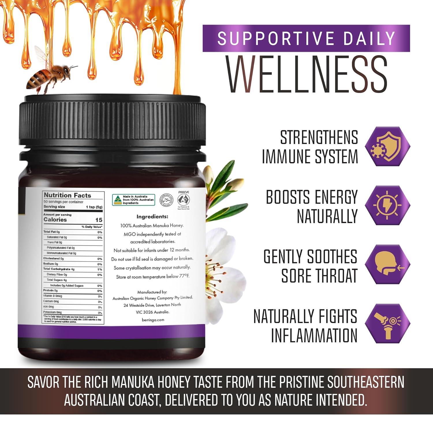 Berringa Manuka Honey Organic MGO 900+ Ultra-High Strength, Supports General Wellbeing & Digestive Balance - 100% Raw, Pure & Unfiltered, Sustainably Sourced from Australia - (8.82 oz) - Image 2