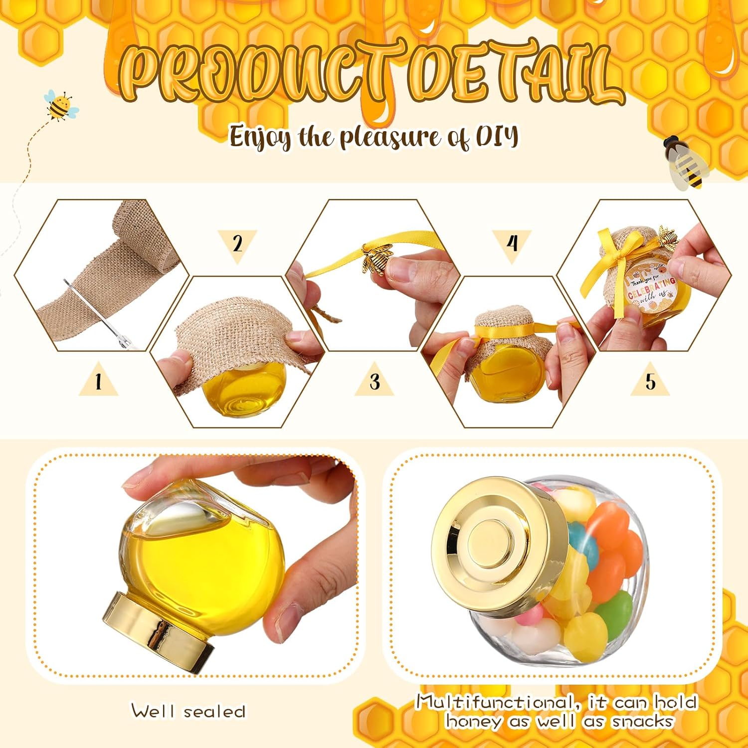 30 Sets Mini Glass Honey Jars 1.5 oz Honey Jars Party Favors in Bulk with Dipper and Gold Lid, Bee Charm, Stickers and Silk Ribbon for Bee Themed Guests Wedding Baby Shower Favors - Image 2