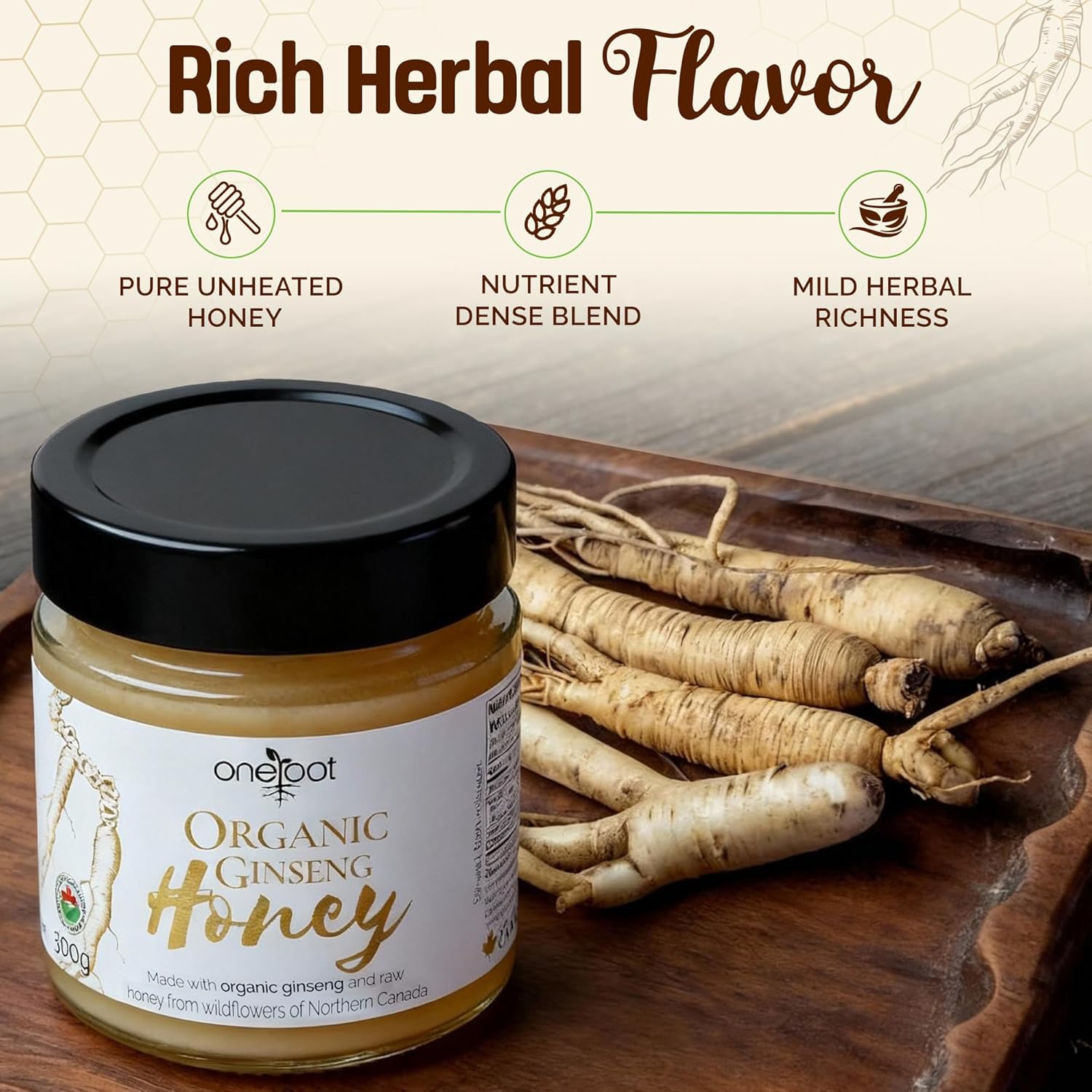 OneRoot Organic Ginseng Infused Honey – 300g / 10.6oz – Pure & Unheated – With Organic Canadian Ginseng Root – Raw Unfiltered Honey - Image 6