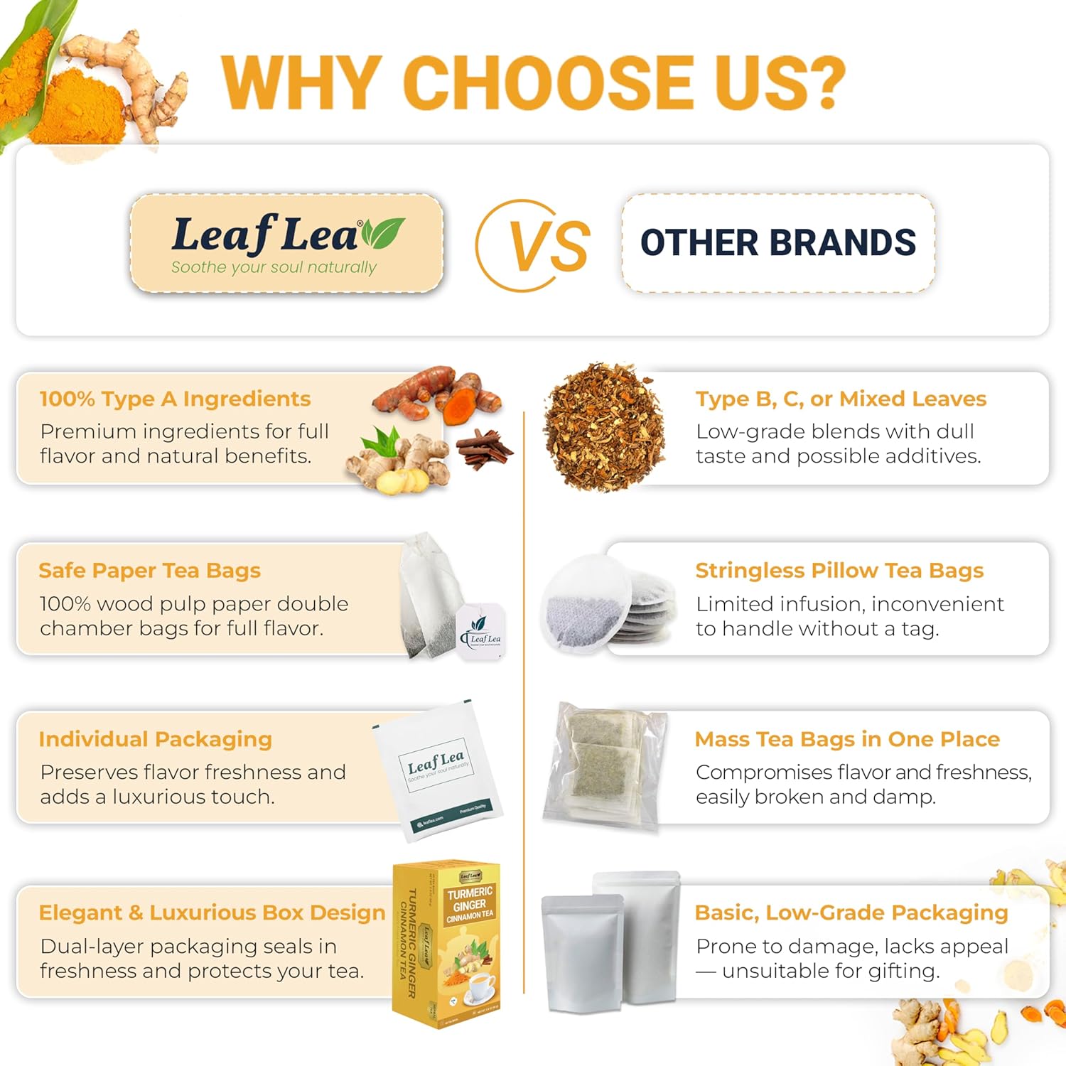 LeafLea 40 Turmeric Ginger Cinnamon Tea Bags, 100% Natural Ingredients Herbal Tea, Turmeric Ginger Herbal Blend for Wellness, Vegan, No Sugar, Caffeine-Free, Individually Wrapped for Freshness - Image 7