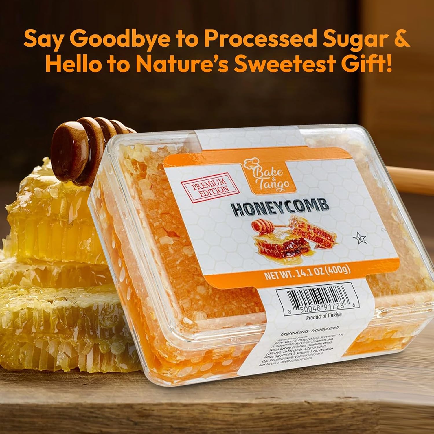 Bake and Tango All Natural Raw Honeycomb - 100% Pure Honey Comb, Perfect for Healthy Smoothies, Spreading, Tea, Snacks, and Desserts - Edible Honeycomb, Pack of 1 (14.0oz) - Image 2